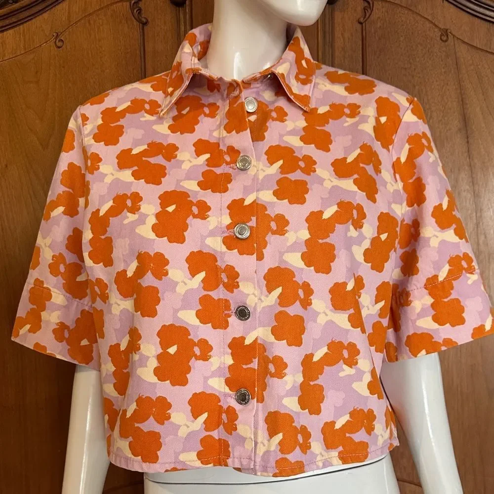 Zara Top Denim Shirt Connie Floral Oversized Button Size XS • BLOGGER FAVORITE •